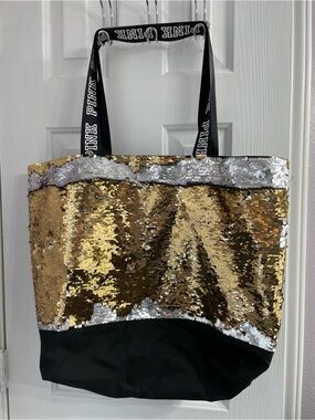 PINK Victoria's Secret Reversible Sequin Gold and Silver Tote with Black Base